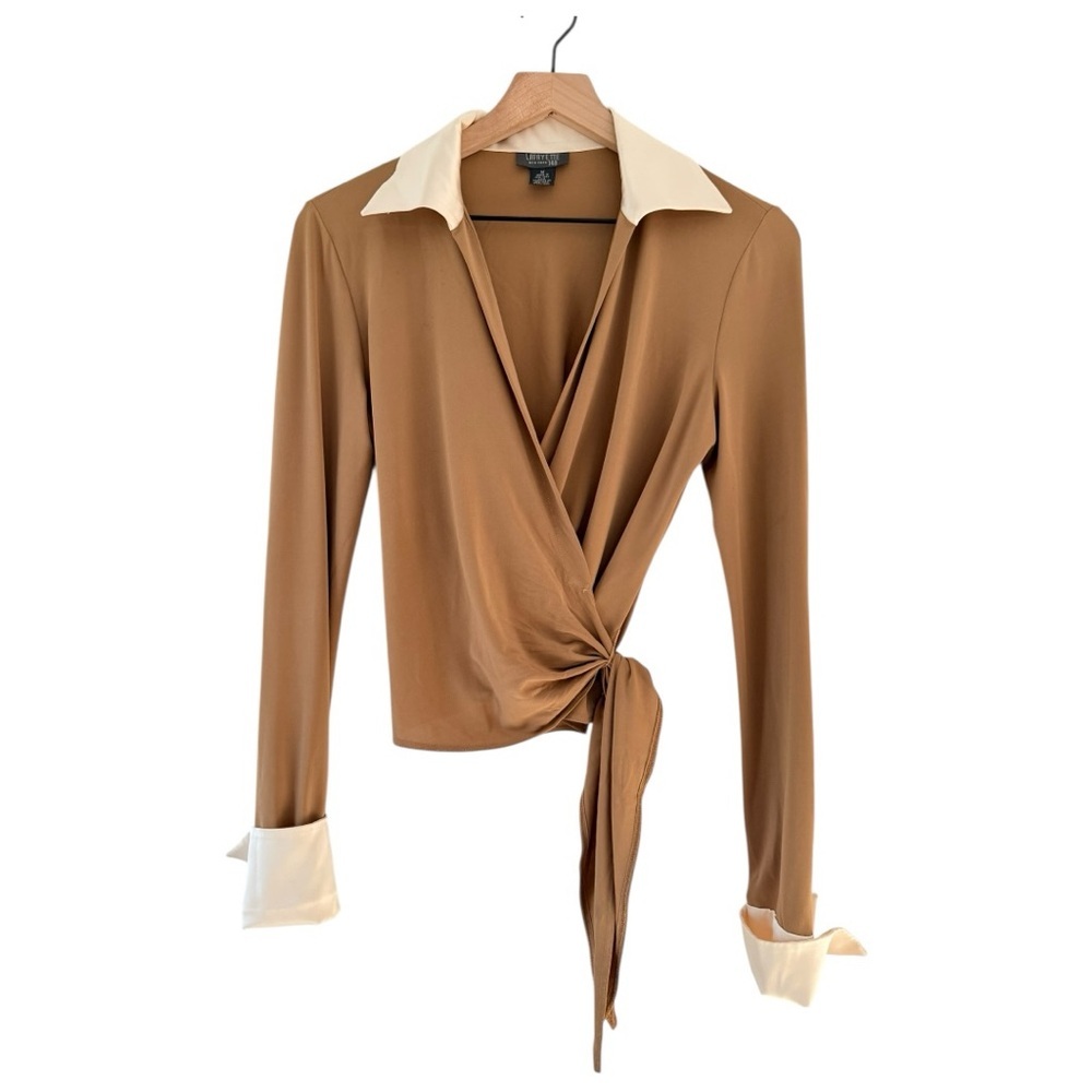 Lafayette 148 Two-Tone Wrap Front Blouse Top Tan & Cream Size M